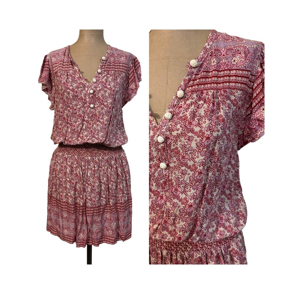Faherty Mini Dress Bemini Red Floral Print Rayon Smocked Waist A-Line